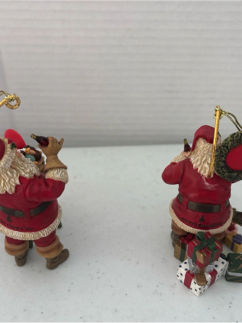 Danbury Mint Red and Gold Coca-Cola Santa Figurine Ornaments - Pair